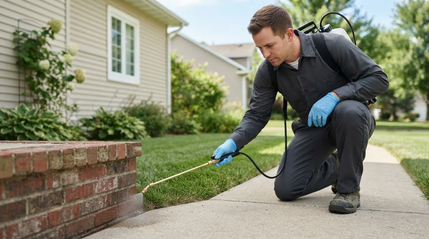 Pest control technician treating a home near Liberty Center, IA