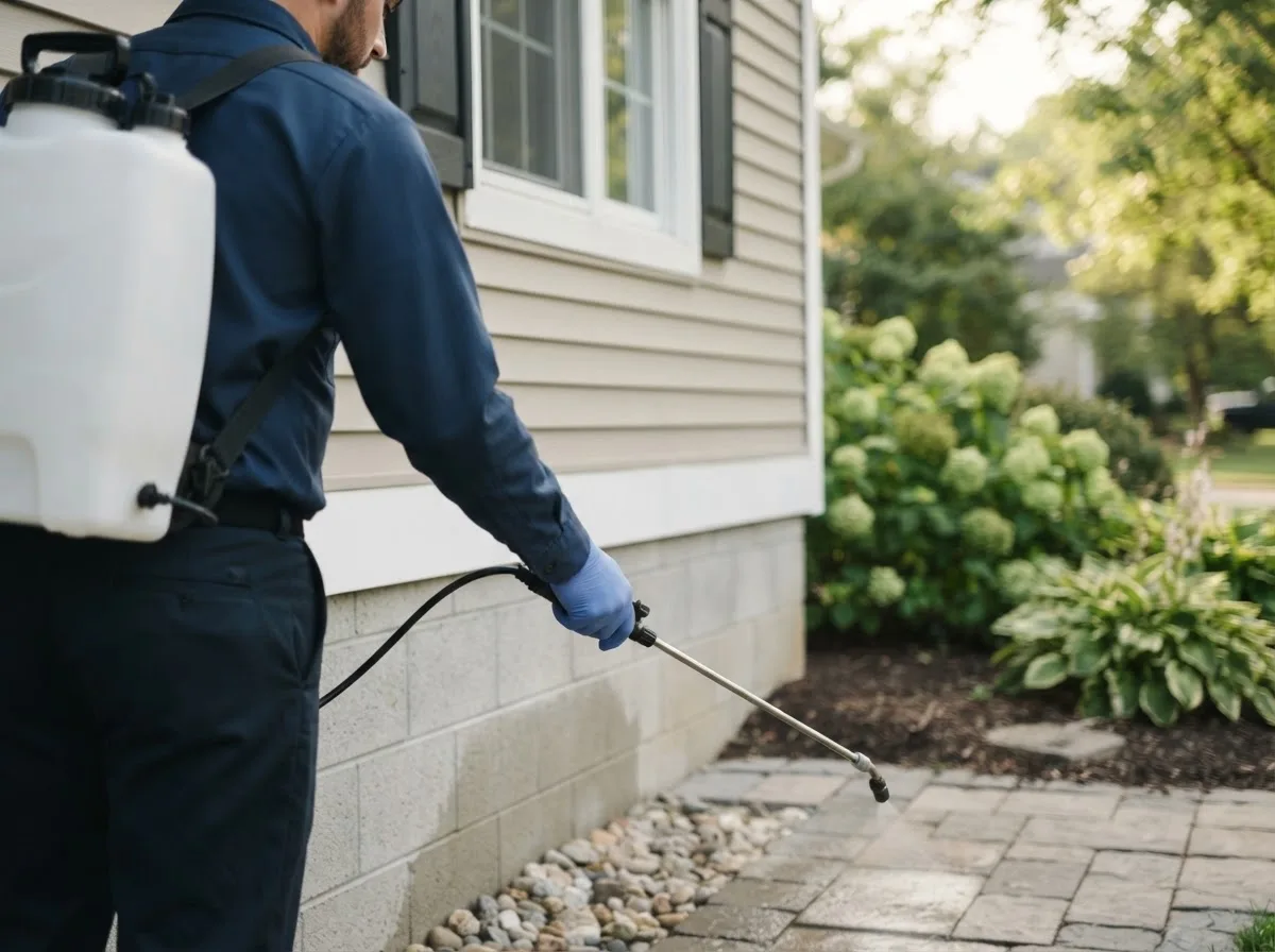 Pest control technician inspecting a home in Liberty Center, IA
